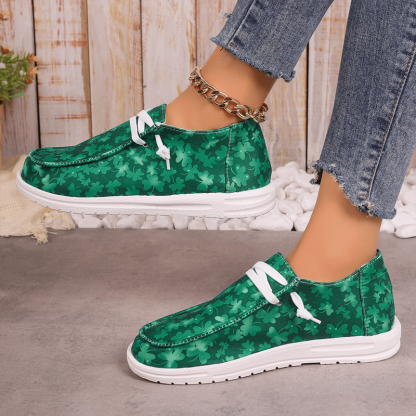 Women's Clover Print Flat Casual Canvas Shoes-POIULTD