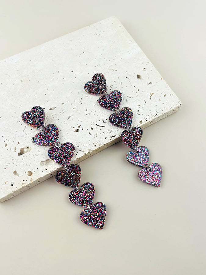 Women's Valentine's Day Glitter Heart Extra Long Pendant Design Versatile Fashion Earrings-POIULTD