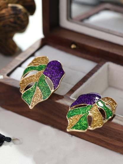 Women's Carnival Colorful Leaf Earrings Fashionable And Versatile Temperament Light Luxury Earrings-POIULTD