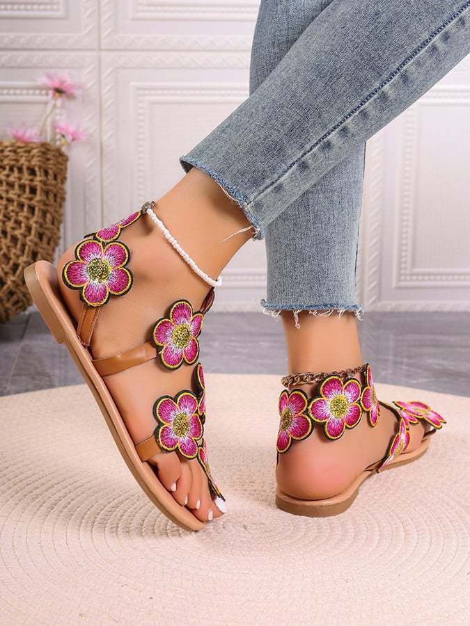 Women's Bohemian Flat Toe Colorful Flower Sandals-POIULTD
