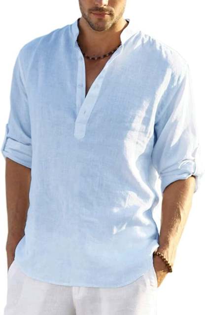 2024 Men's Cotton Linen Henley Shirt Long Sleeve Hippie Casual Beach T Shirts-POIULTD