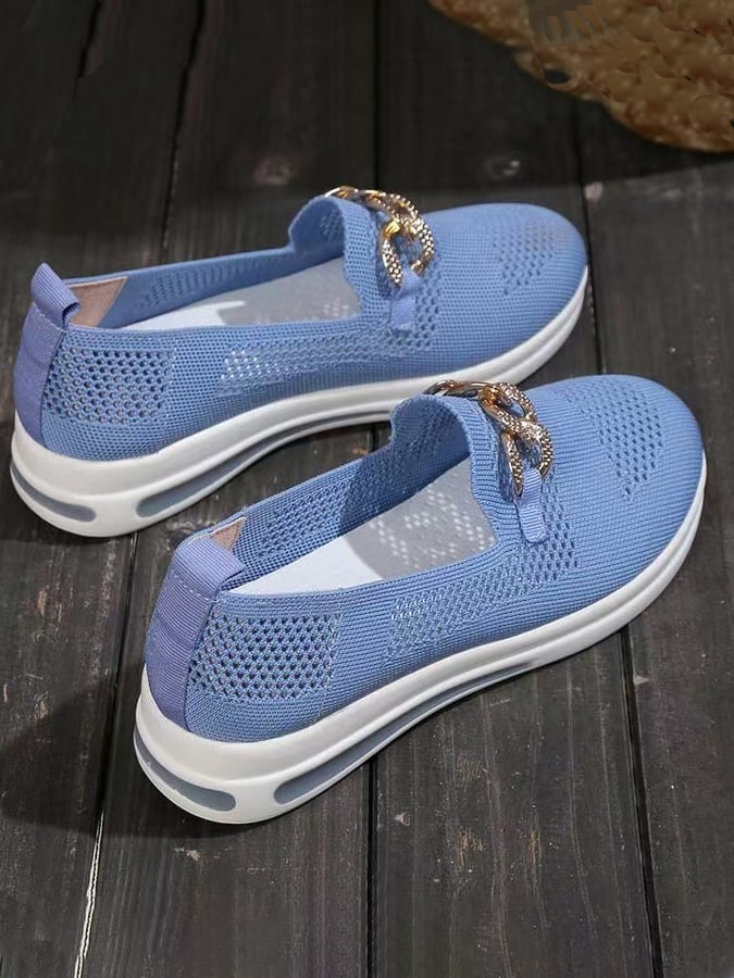 Spring New Fashion Comfortable Flying Woven Air -Breathable Hollow Upper Metal Chain Slope Casual Single Shoe Female-POIULTD