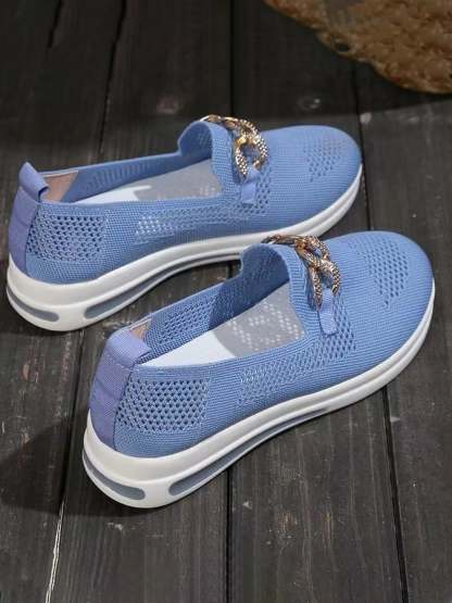 Spring New Fashion Comfortable Flying Woven Air -Breathable Hollow Upper Metal Chain Slope Casual Single Shoe Female-POIULTD