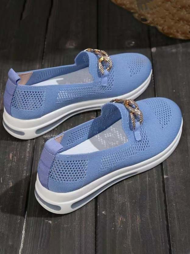 Spring New Fashion Comfortable Flying Woven Air -Breathable Hollow Upper Metal Chain Slope Casual Single Shoe Female-POIULTD