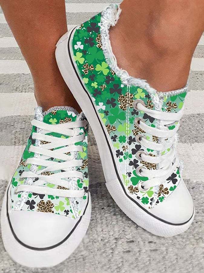 Women's Clover Print Raw Edge Canvas Shoes-POIULTD
