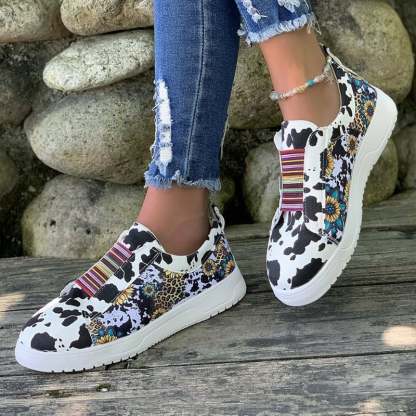 Women's Retro Cow Print Casual Flat Shoes-POIULTD