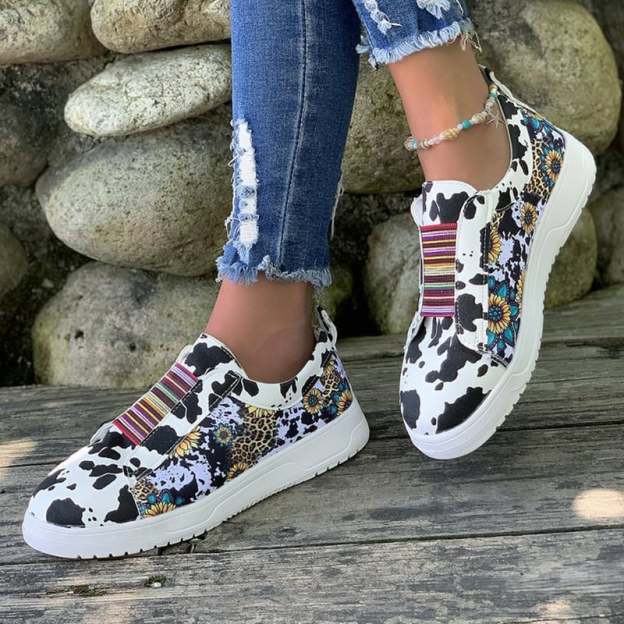 Women's Retro Cow Print Casual Flat Shoes-POIULTD