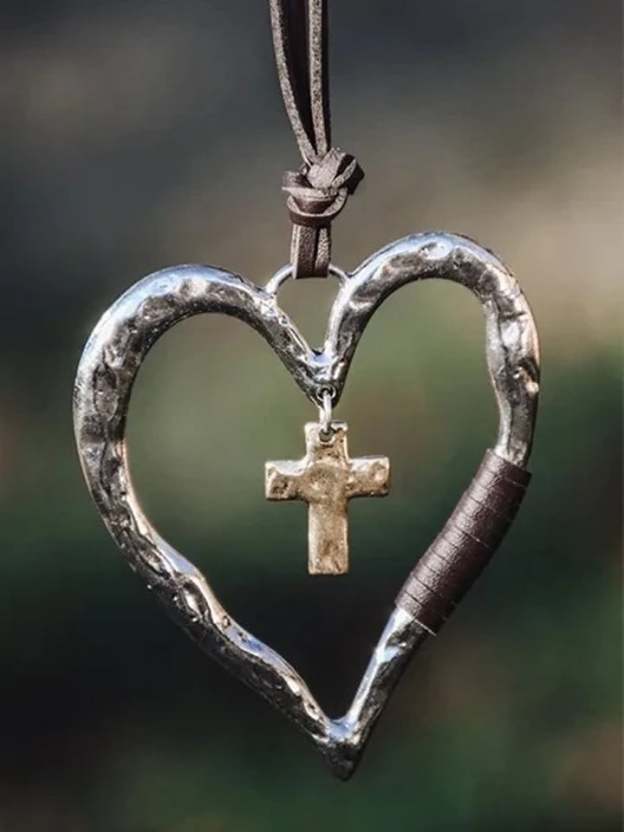 Women's Vintage Cross Love Heart Adjustable Pendant Necklace-POIULTD