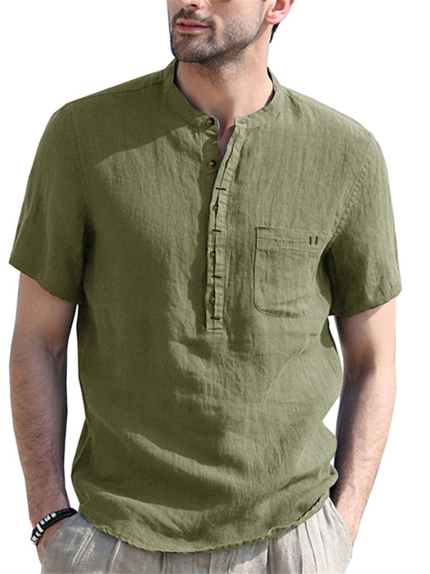 Stand Collar Short-sleeved Linen Shirt Sleeve Breathable Casual Linen Soft Slim Fit Men
