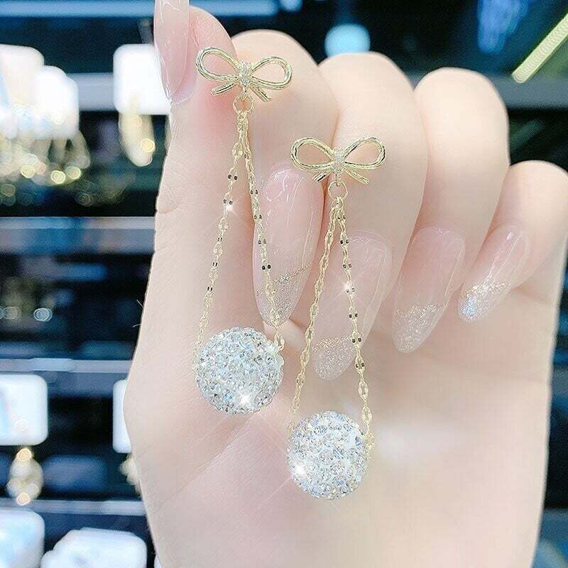 Bow Diamond Ball Earrings-POIULTD