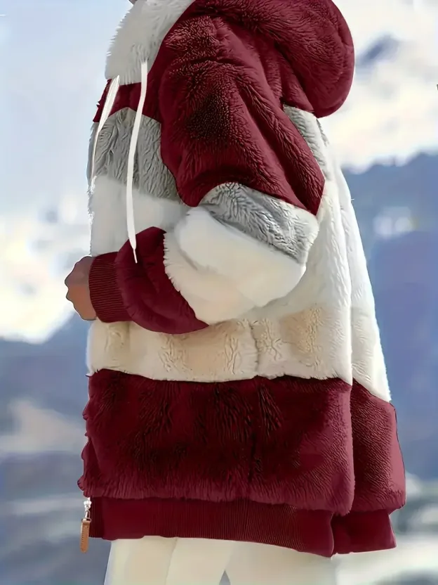 Fuzzy Color Block Coat, Casual Hooded Zip Up Drawstring Long Sleeve Outerwear, Women's Clothing