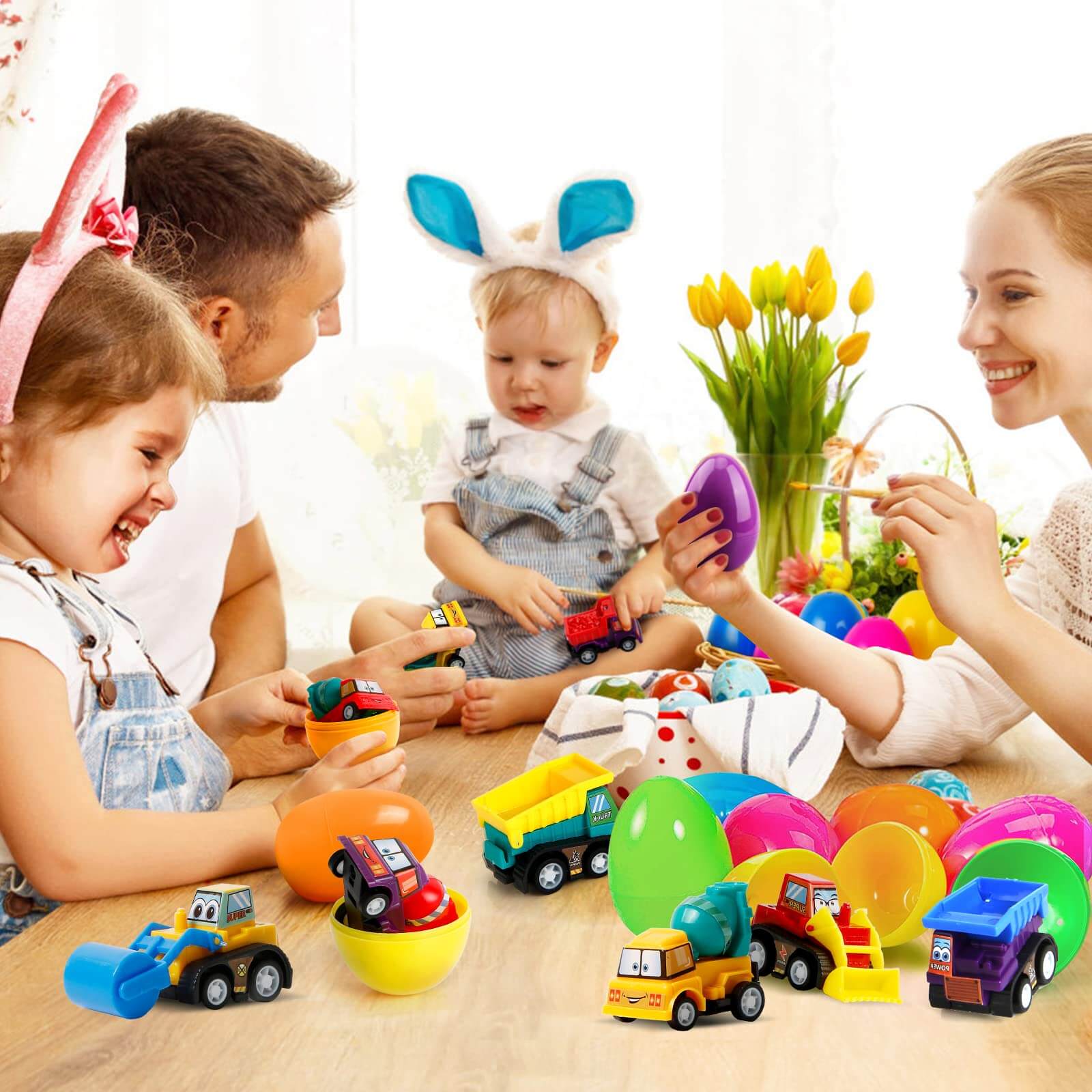 Prefilled Easter Eggs With Pullback Construction Vehicles, Cute Animals, Dinosaurs, Jewelry pieces and Adorable Bunny-POIULTD