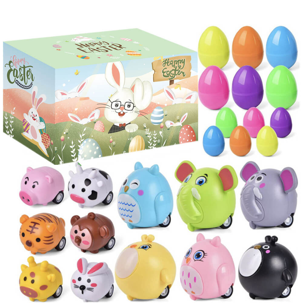 Prefilled Easter Eggs With Pullback Construction Vehicles, Cute Animals, Dinosaurs, Jewelry pieces and Adorable Bunny-POIULTD