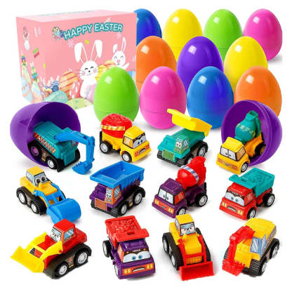 Prefilled Easter Eggs With Pullback Construction Vehicles, Cute Animals, Dinosaurs, Jewelry pieces and Adorable Bunny-POIULTD