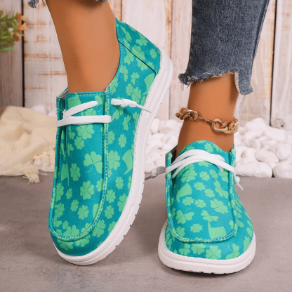 Women's Clover Print Flat Casual Canvas Shoes-POIULTD