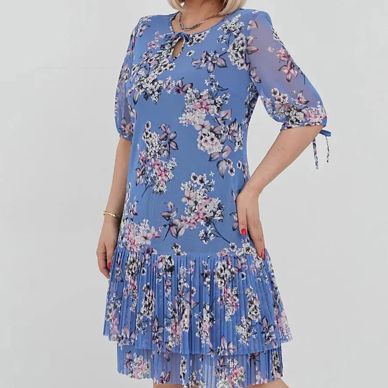 🌹Elegant chiffon long pleated dress with short sleeves-POIULTD
