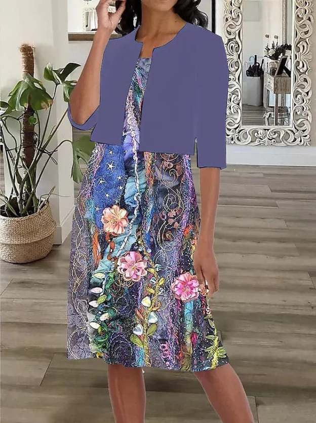 2022 summer new women's two-piece printed round neck chiffon dress-POIULTD