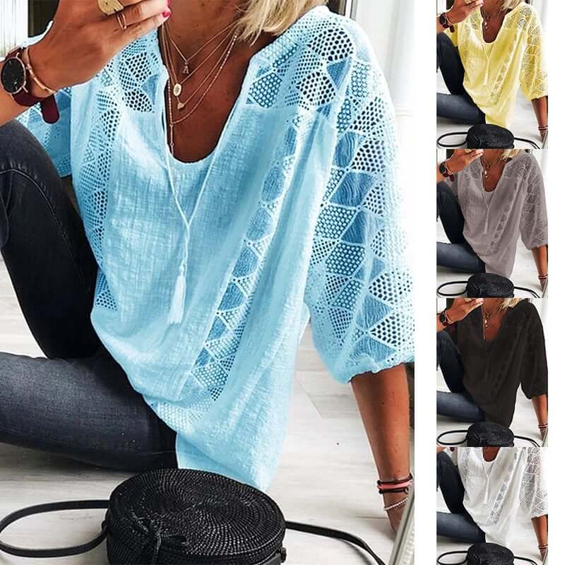 Women's U-neck blouse with sleeves-POIULTD