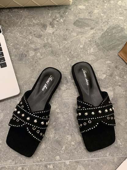 Slipper Female Denim Rhinestone Rivet Flat Beach Sandals Simple Outer Outer Leisure And Sand Slippers-POIULTD