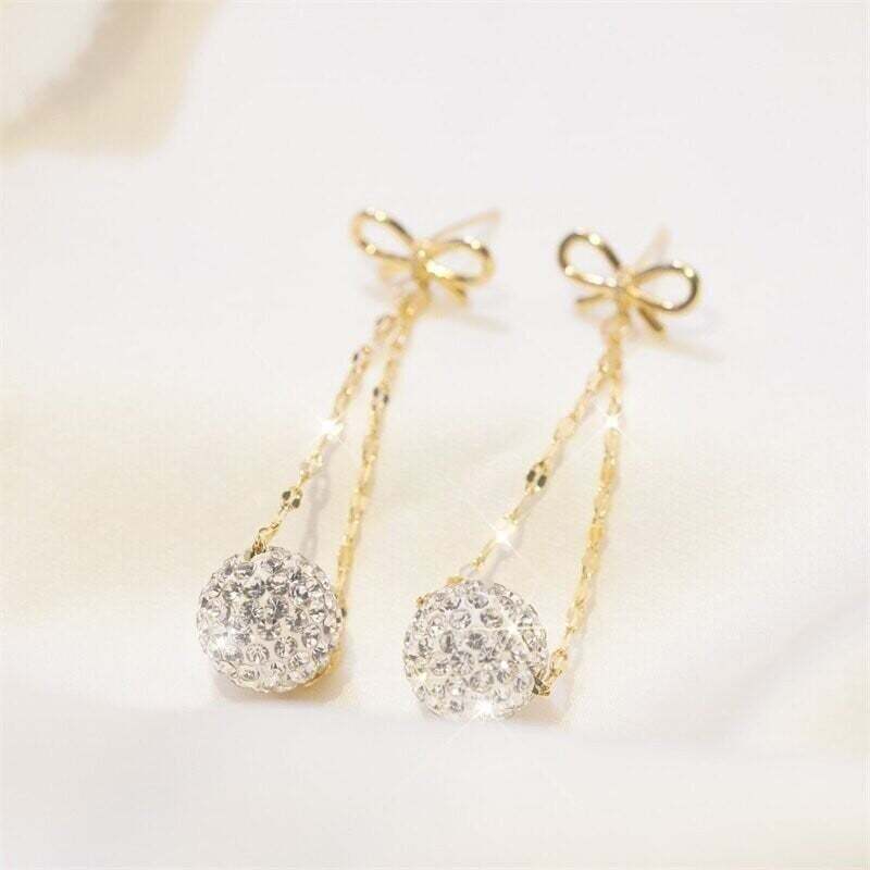 Bow Diamond Ball Earrings-POIULTD