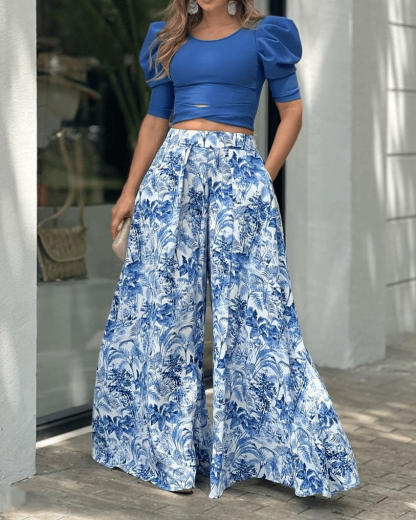 Puff Sleeve Print Long Two Piece-POIULTD