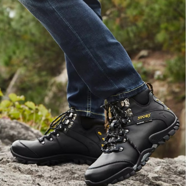 (⏰Limited Time Sale 69%off)Men's Genuine Leather Waterproof Hiking Boots Wide-Toe Warm Insulated Winter Ankle Boots-POIULTD
