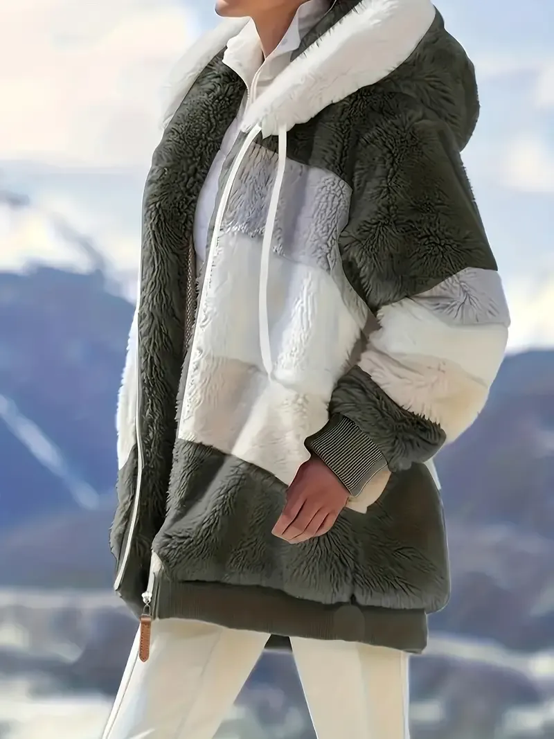 Fuzzy Color Block Coat, Casual Hooded Zip Up Drawstring Long Sleeve Outerwear, Women's Clothing