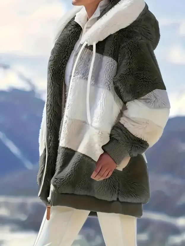 Fuzzy Color Block Coat, Casual Hooded Zip Up Drawstring Long Sleeve Outerwear, Women's Clothing