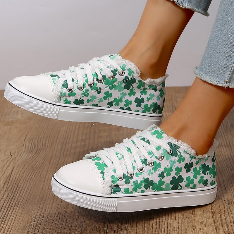 Women's Clover Print Raw Edge Canvas Shoes-POIULTD