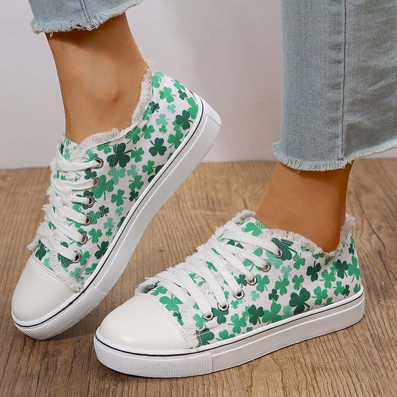 Women's Clover Print Raw Edge Canvas Shoes-POIULTD