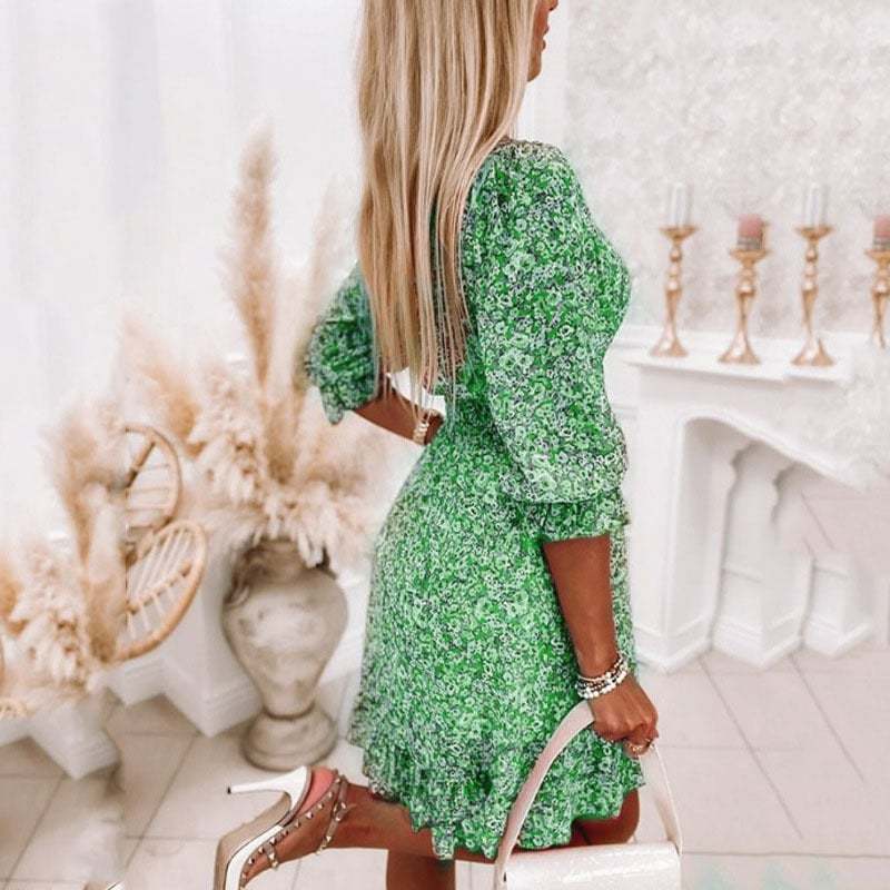 Puff Sleeve Mid Waist Floral Dress-POIULTD