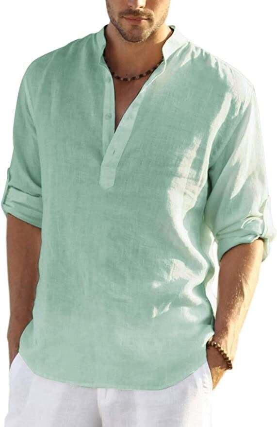 2024 Men's Cotton Linen Henley Shirt Long Sleeve Hippie Casual Beach T Shirts-POIULTD