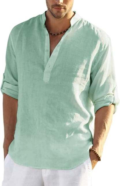 2024 Men's Cotton Linen Henley Shirt Long Sleeve Hippie Casual Beach T Shirts-POIULTD