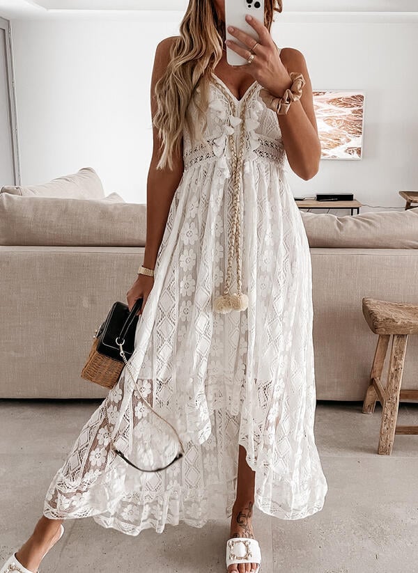 V-Neck Lace-Up Strappy Dress-POIULTD