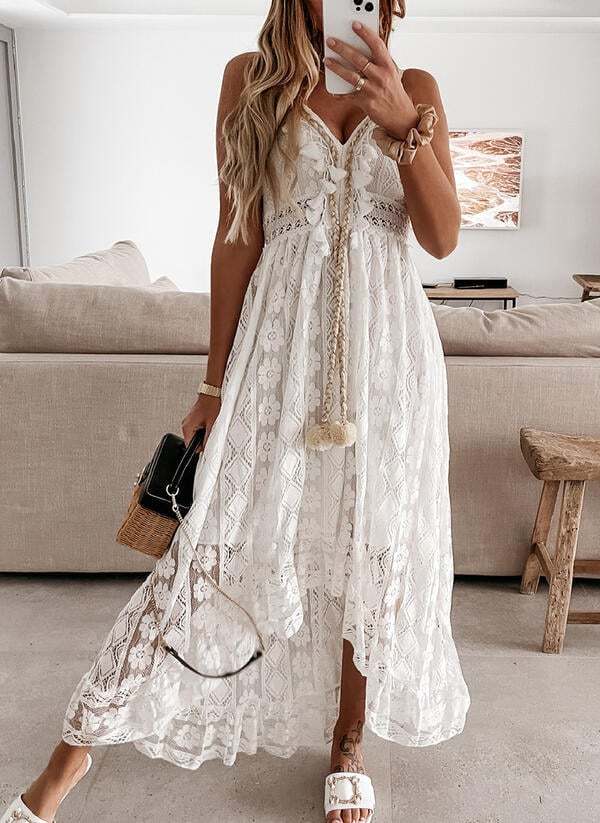 V-Neck Lace-Up Strappy Dress-POIULTD