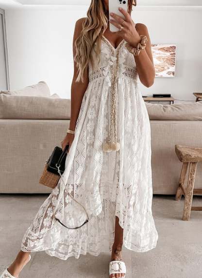 V-Neck Lace-Up Strappy Dress-POIULTD