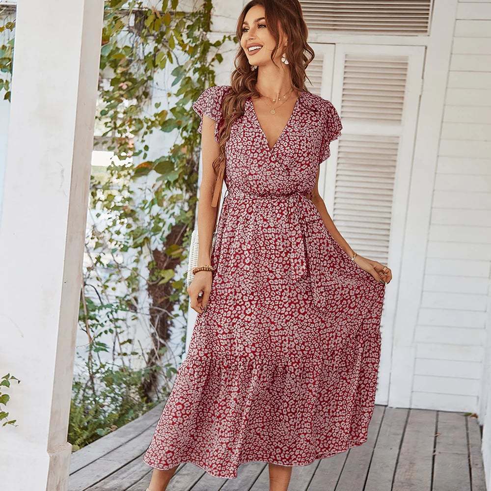 Summer Dresses Ruffle Cap Sleeve V Neck Belt Wrap Split Boho Floral Long Casual Party Beach Dress-POIULTD