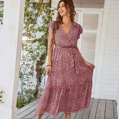 Summer Dresses Ruffle Cap Sleeve V Neck Belt Wrap Split Boho Floral Long Casual Party Beach Dress-POIULTD