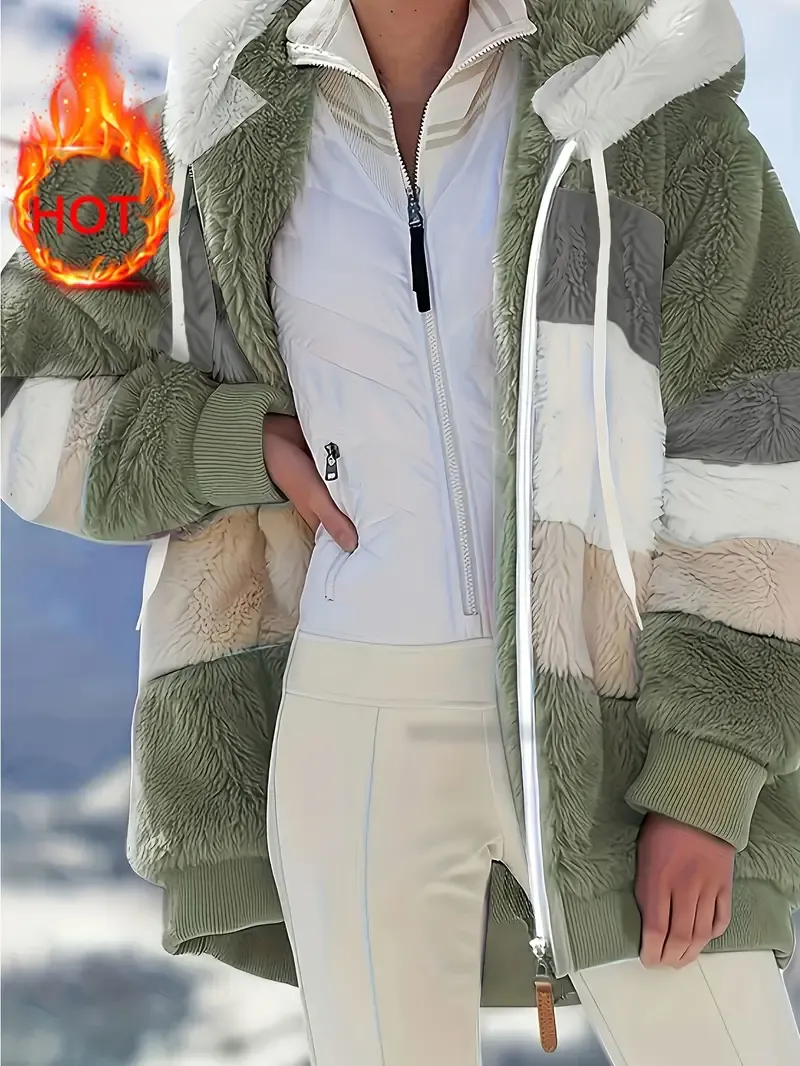 Fuzzy Color Block Coat, Casual Hooded Zip Up Drawstring Long Sleeve Outerwear, Women's Clothing