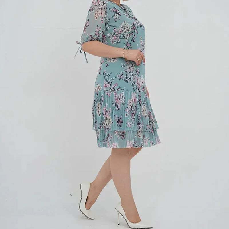 🌹Elegant chiffon long pleated dress with short sleeves-POIULTD