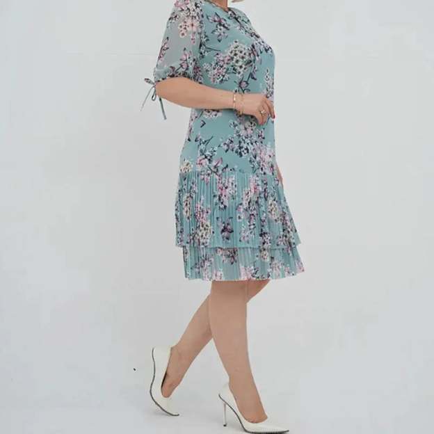 🌹Elegant chiffon long pleated dress with short sleeves-POIULTD