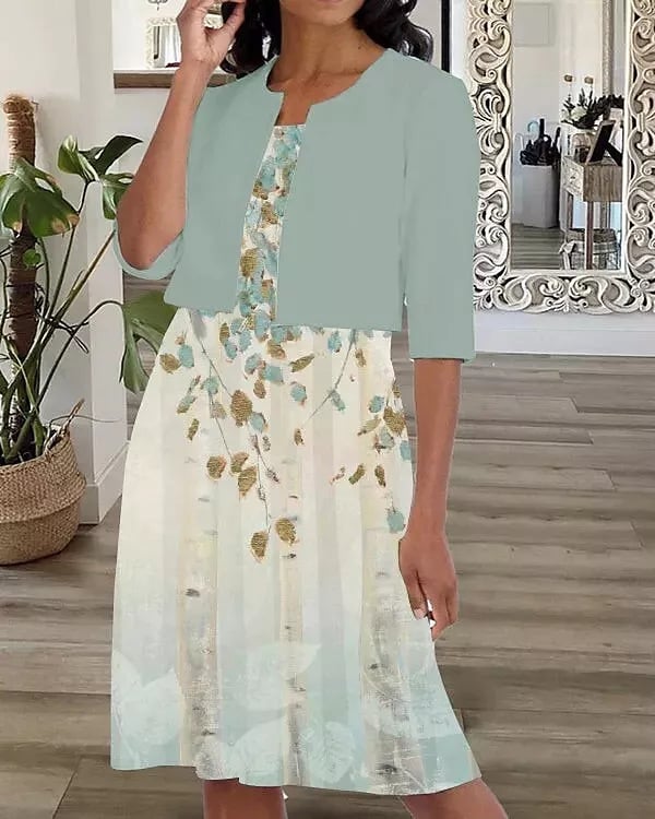 2022 summer new women's two-piece printed round neck chiffon dress-POIULTD