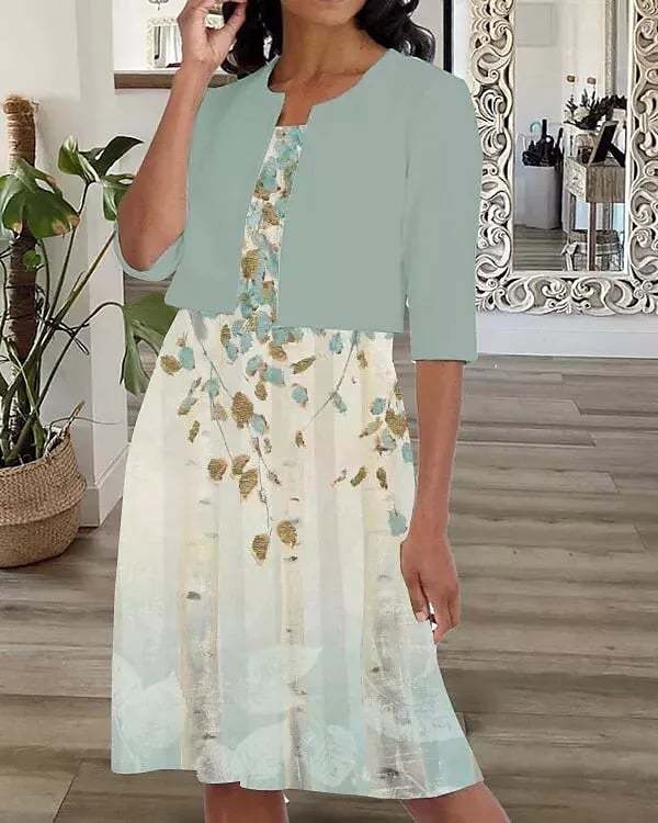 2022 summer new women's two-piece printed round neck chiffon dress-POIULTD