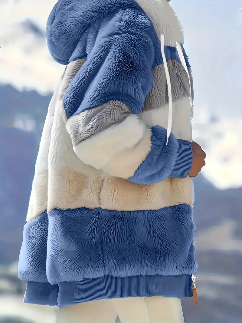 Fuzzy Color Block Coat, Casual Hooded Zip Up Drawstring Long Sleeve Outerwear, Women's Clothing