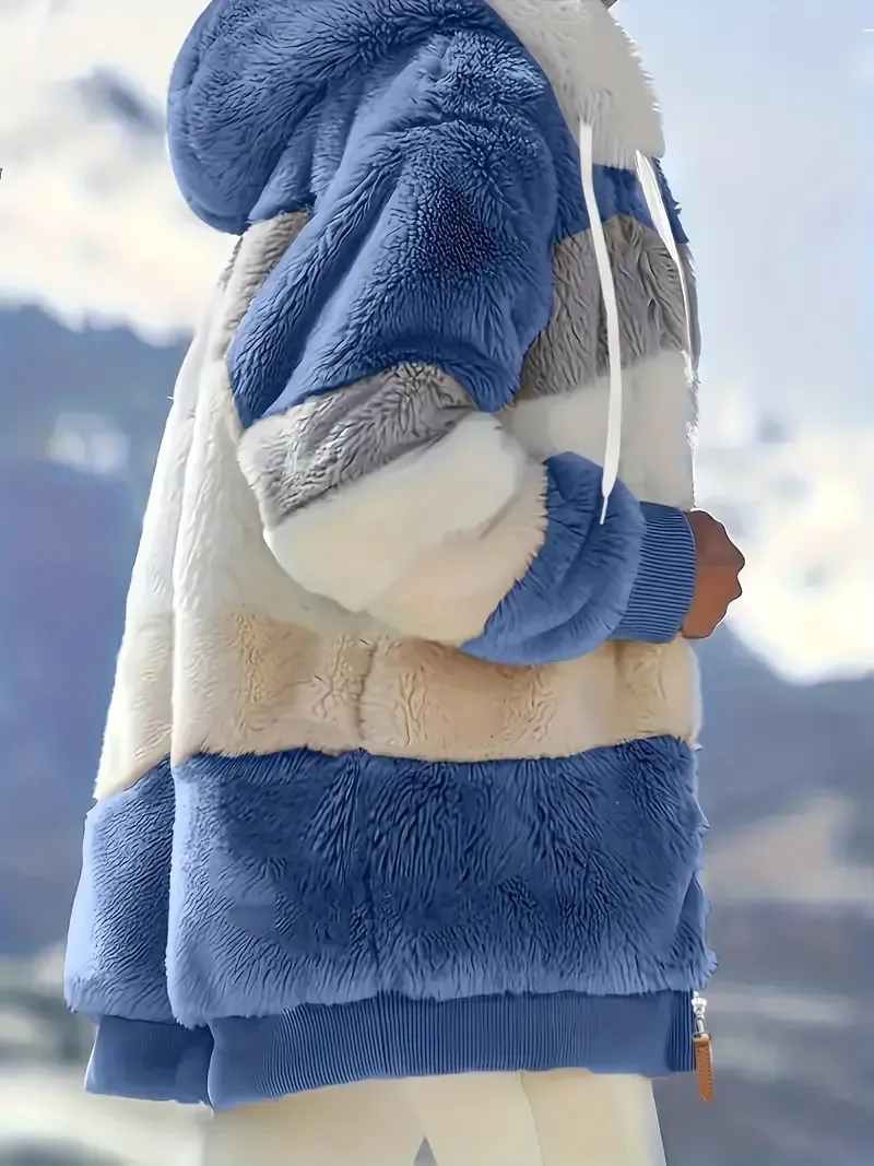 Fuzzy Color Block Coat, Casual Hooded Zip Up Drawstring Long Sleeve Outerwear, Women's Clothing