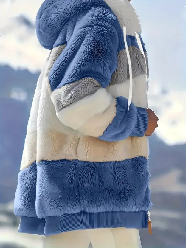 Fuzzy Color Block Coat, Casual Hooded Zip Up Drawstring Long Sleeve Outerwear, Women's Clothing