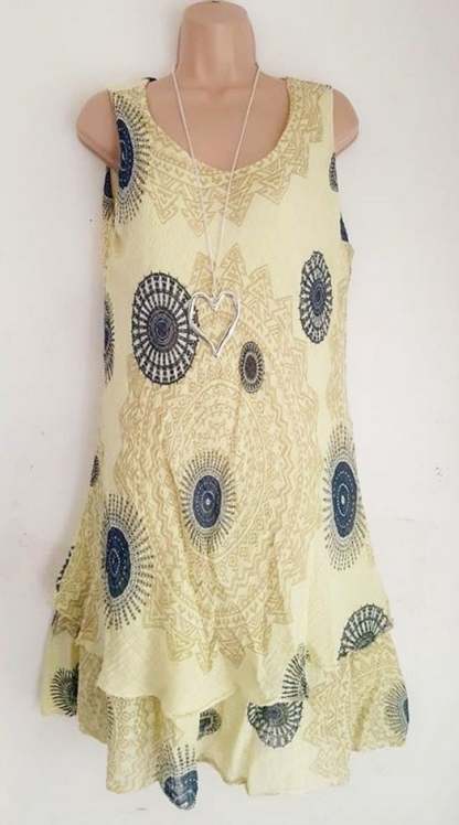 Vintage Print Sleeveless Dress-POIULTD