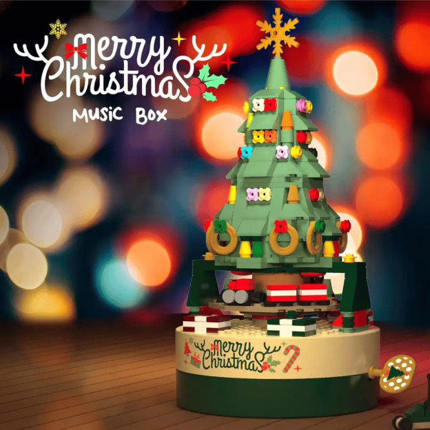 Christmas tree music box built with 361 building blocks
