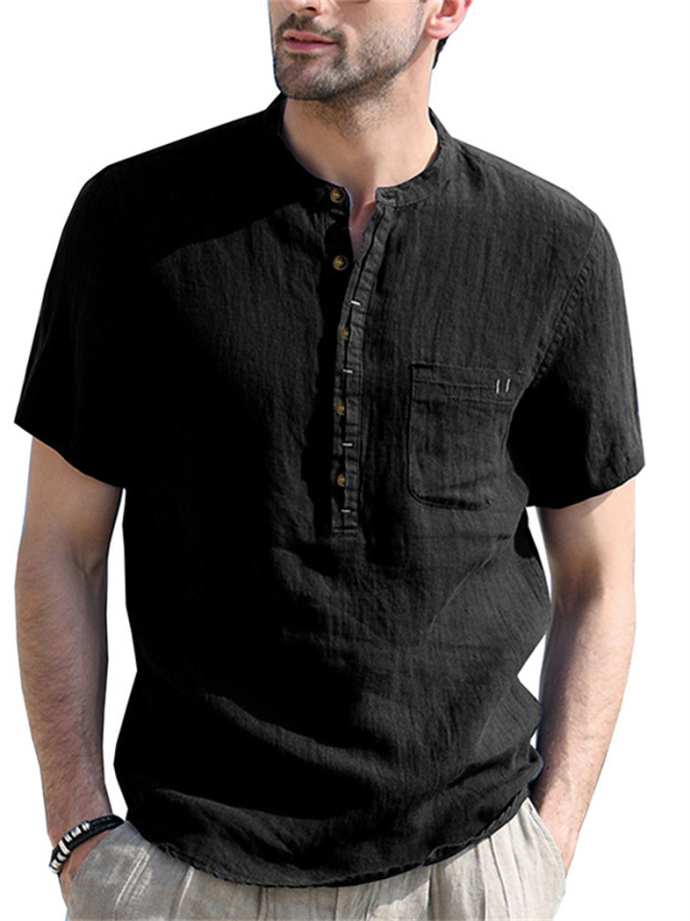 Stand Collar Short-sleeved Linen Shirt Sleeve Breathable Casual Linen Soft Slim Fit Men