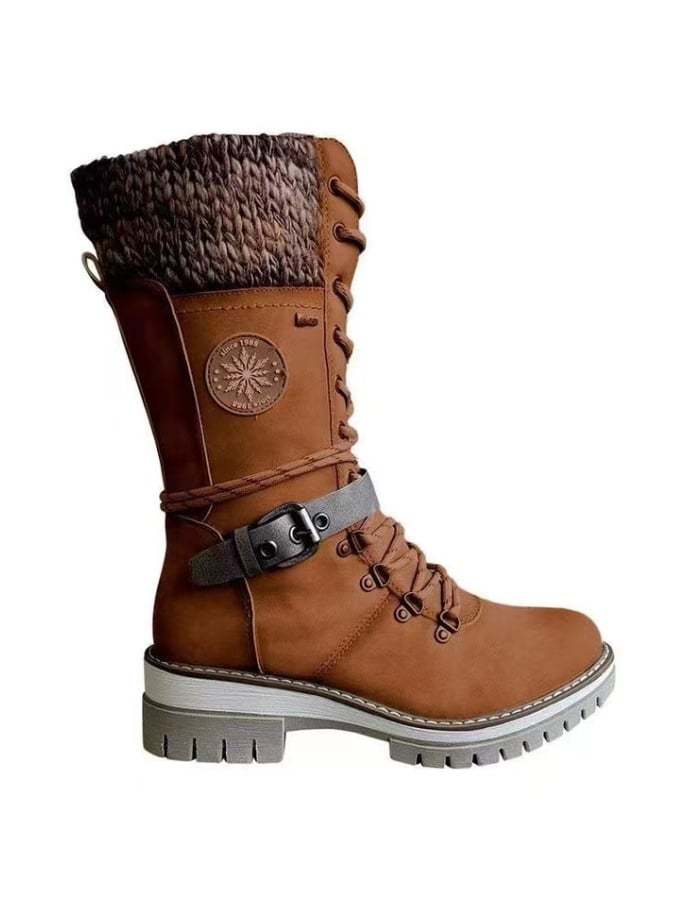 The New Mid -Tube Martin Boots Round -Headed Pure Color Thick Heel Front Line Lace Snow Boots Women's Boots-POIULTD